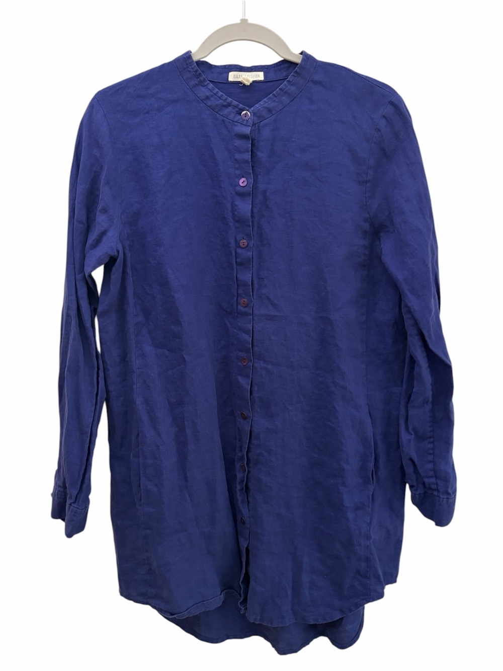 Eileen Fisher 100% Organic Linen Indigo Button-Front Long Sleeve Tunic Top Small